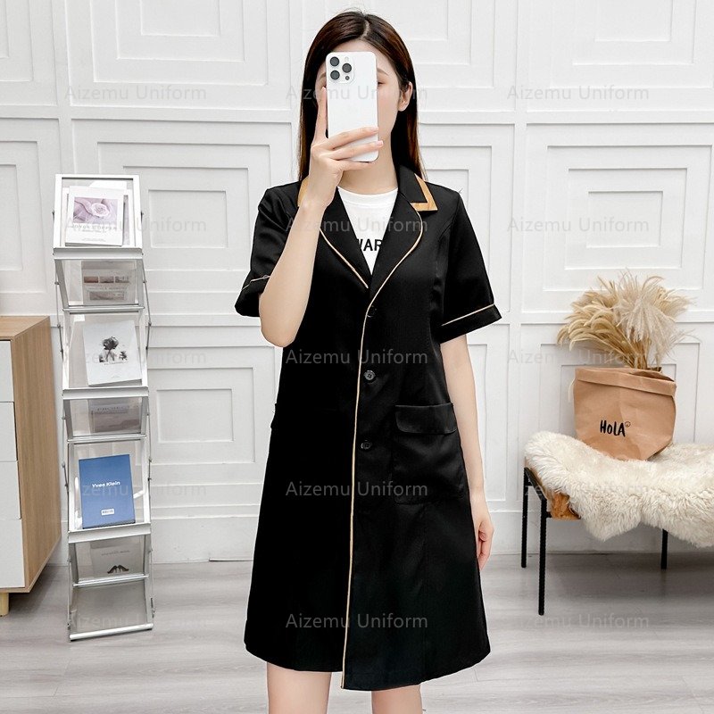 Medical Lab Coat - black beauty uniform with beautician robe